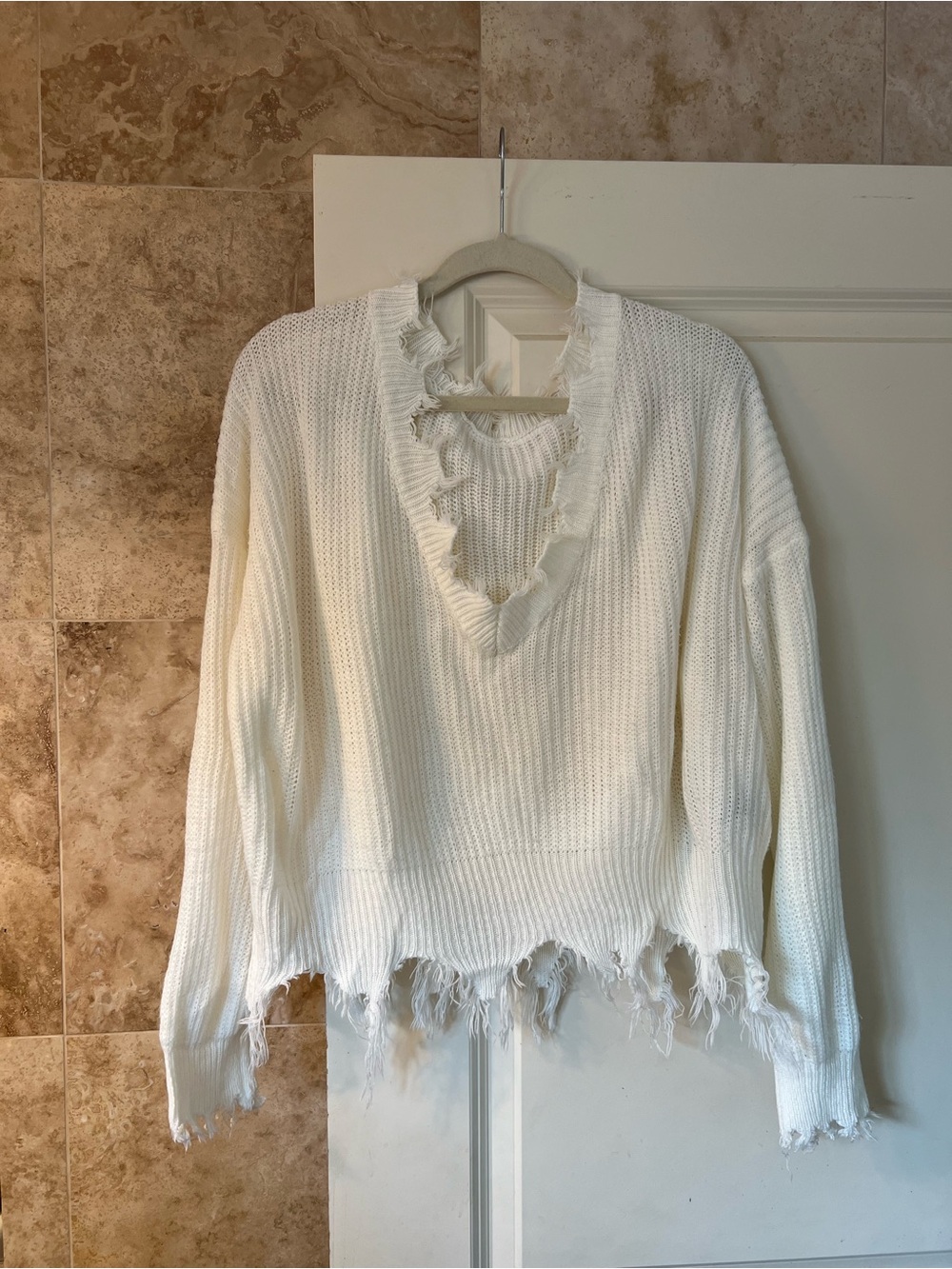 Women’s Distressed V-Neck White Sweater